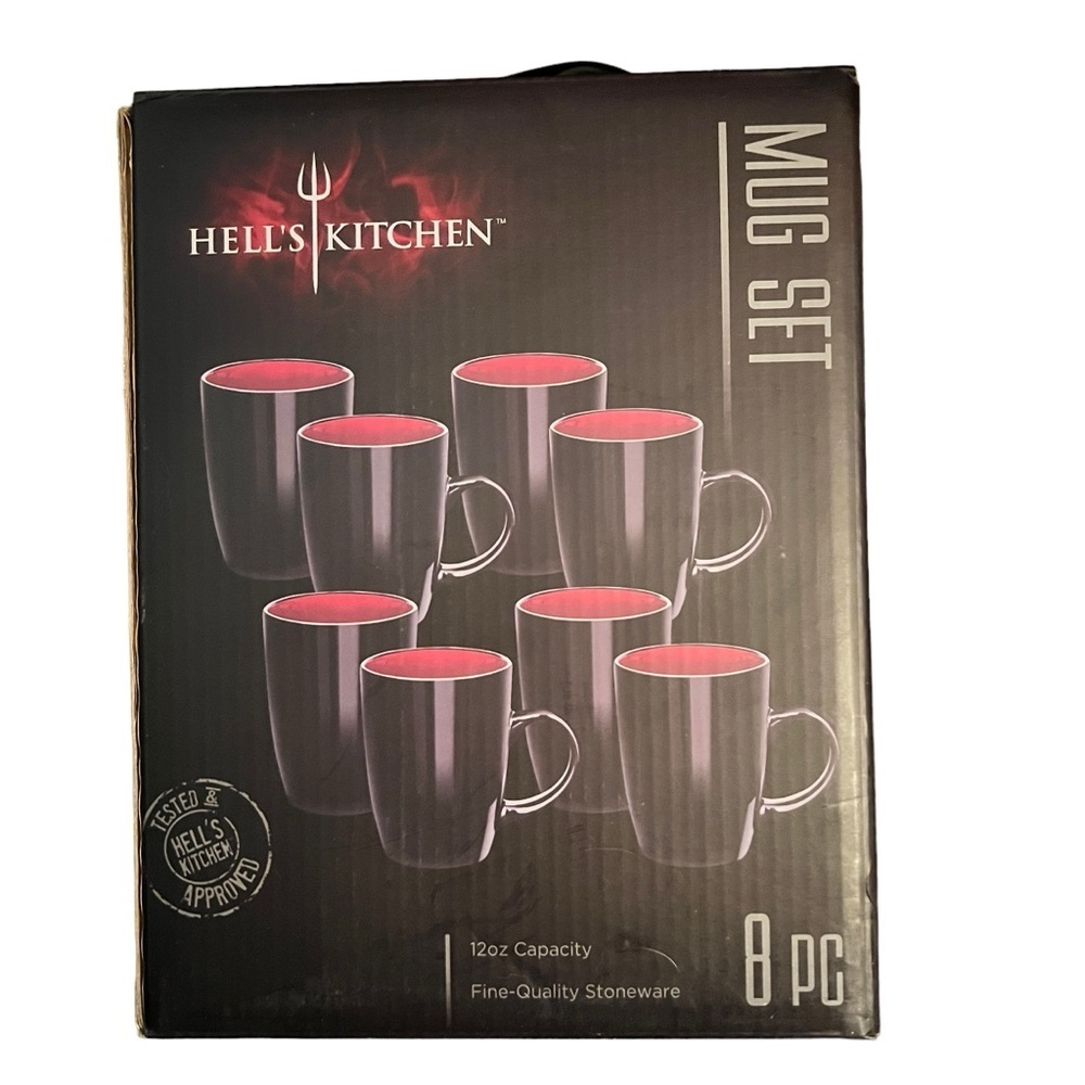 Hell's Kitchen Mug Set of 8 Black Red 12 oz Capacity NIB